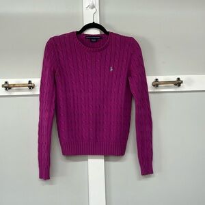 Ralph Lauren Sport Magenta colored cable Sweater with turquoise Polo Logo.